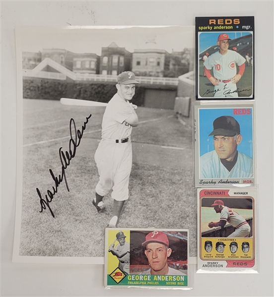 Sparky Anderson Autographed 8x10 Photo w/ 4 Vintage Topps Cards
