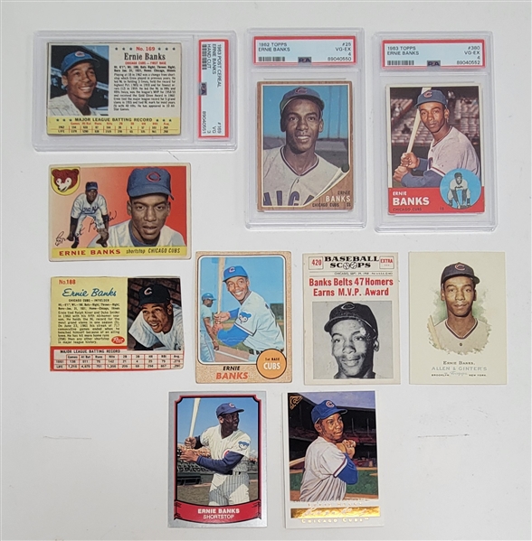 Lot of 10 Ernie Banks Cards w/ 3 PSA Graded