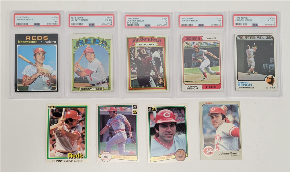 Lot of 9 Johnny Bench Cards w/ 5 PSA Graded