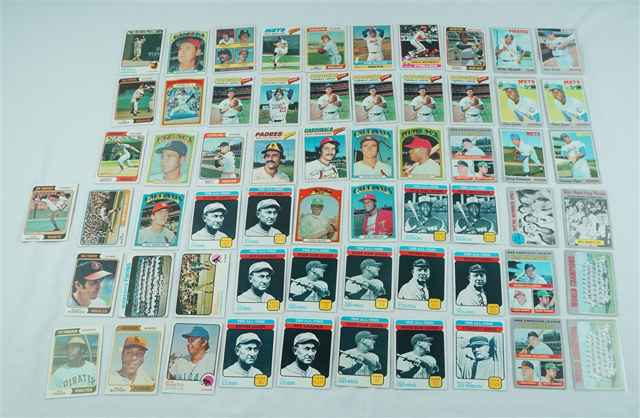 Collection of 1970s Topps Baseball Cards w/ Rookies & Hall of Famers Incl. Lou Gehrig Ty Cobb Cy Young & Hank Aaron